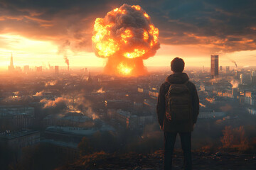 Fototapeta premium Post-apocalyptic city sunrise, man observes nuclear blast