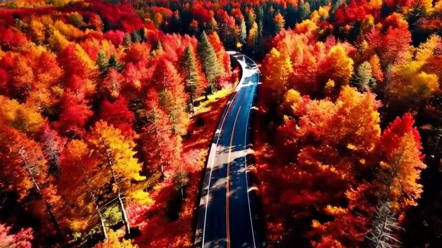 cinematic birds eye view shot  long and bendy road in during a lovely sunny day.