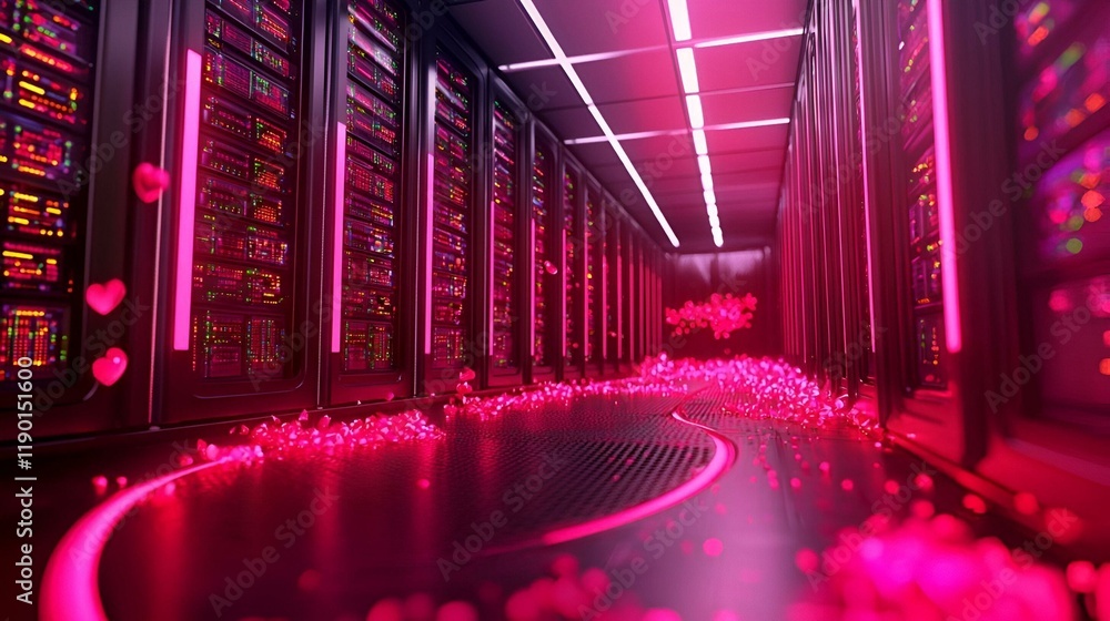 Poster illuminated server sanctuary, a high-tech server room filled with rows of glowing data racks, showca