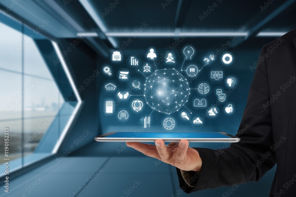 Poster digital tablet displays global interconnected network of data