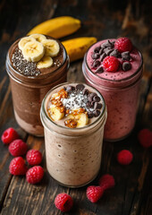 a glass jar with three smoothies of banana, raspberry, overnight oats with berries, coconut, peanut butter