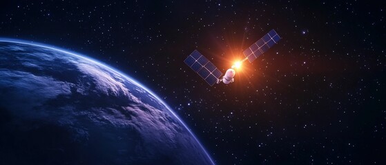 Obraz premium Floating hydrogen fuel station orbiting earth space exploration digital cosmic environment futuristic concept