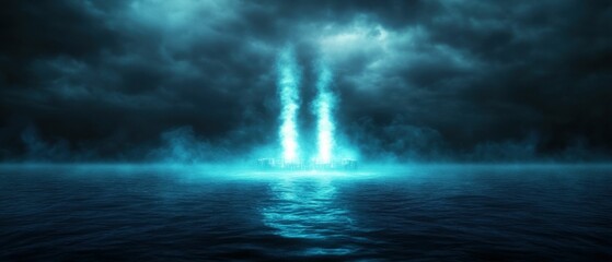 Fototapeta premium Floating industrial platform processing liquid methane ocean aerial view atmospheric conditions industrial concept