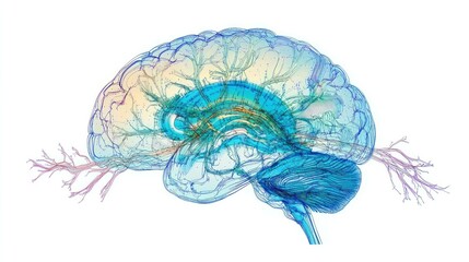 Translucent human brain anatomy with detailed vascular system.