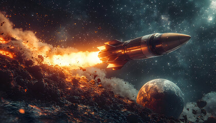 Obraz premium Rocket launch, asteroid field, space, fiery trail, planet, escape