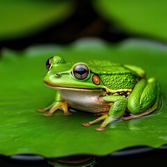 Fototapeta premium [Vibrant green frog perched on a lily pad] Vibrant Green Frog Perched on Lily Pad Amid Aquatic Nature Scene
