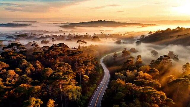 cinematic birds eye view shot  long and bendy road in during a lovely sunny day.