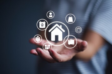 Hand displays a home icon with related lifestyle symbols