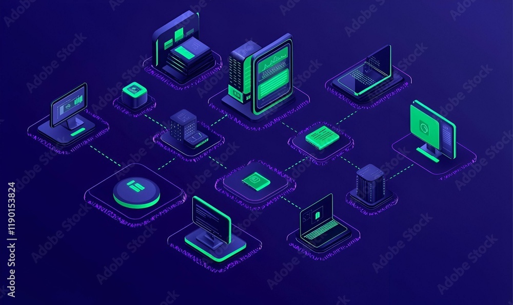 Poster virtual tool connectivity diagram, illustrating intricate links between various digital platforms, e