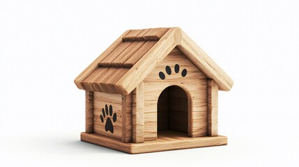 Wooden dog house with paw prints, isolated on white background.