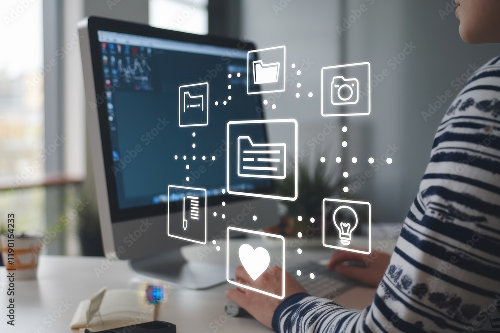 Poster person working on computer with digital file icons