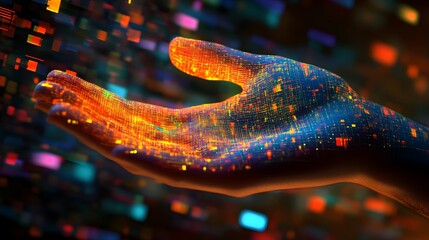 Close-Up of a Business Professional's Hand Signaling a Digital Connection with Vibrant Colors and Data Elements Representing Innovation and Technology