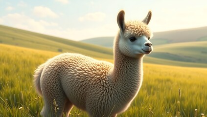 Fototapeta premium Fluffy alpaca cria in sunny field.