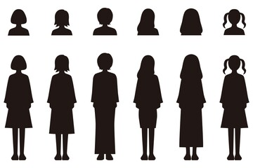 女性の人型モノクロシルエットイラストセット