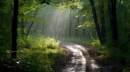 Obraz premium Rainy Forest Path A Tranquil Scene Of Nature