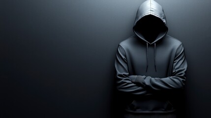 Mysterious hooded figure standing against a dark wall with arms crossed.
