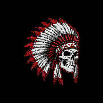 A stylized skull adorned with a traditional Native American headdress featuring red and white feathers.
