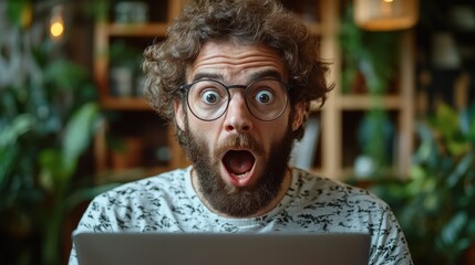 young crazy bearded charismatic man shocked or surprised expression laptop concept funny promotion poster programmer web developer holding a laptop in his hands and looking at the camer