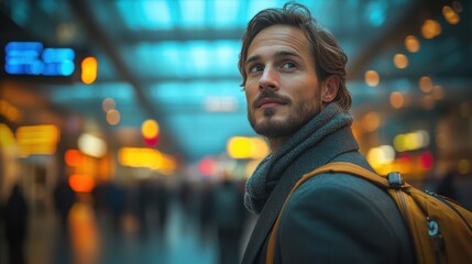 Fototapeta premium young businessman with suitcase at airport terminal travel and tourism concept