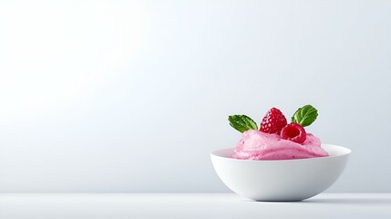 Raspberry dessert in white bowl, Minimalist Fusion Cuisine, A beautifully arranged dish combining diverse flavors, emphasizing simplicity and elegance in presentation.