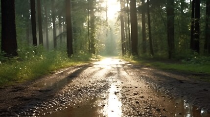 Obraz premium Sunlit Forest Path After Rain Showing Puddle Reflections