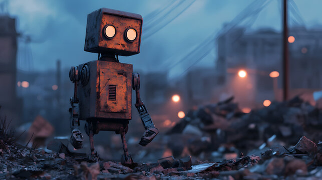 Solitary Rusty Robot in a Post-Apocalyptic City