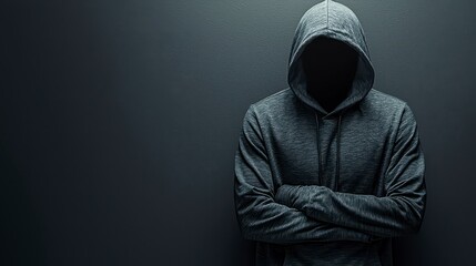 Mysterious hooded figure with arms crossed against a dark background.