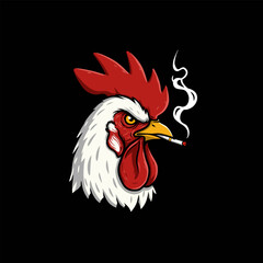 The image is a stylized illustration of a rooster's head, smoking a cigarette, set against a black background.