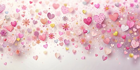 Colorful pink heart confetti floating in the air with delicate floral patterns and pastel shades overlaying a clean white background, delicate design, celebration decoration