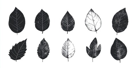 Obraz premium Leaf Prints: Ten Botanical Illustrations, Nature's Designs in Black and White, Artistic Impressions of Foliage, Detailed Leaf Sketches, Exquisite Botanical Artwork.