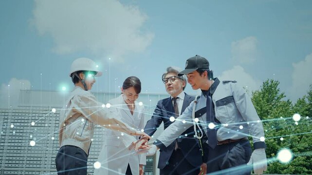 teamwork, cooperation, network, occupation, unity, connection, future, challenge, human resources, japanese, asian, engineer, industry, construction, effort, company, technology, security guard, worke