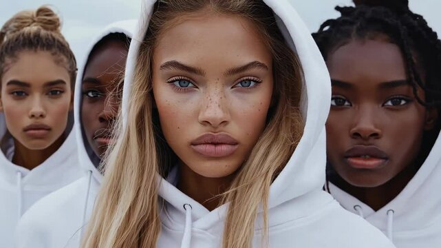 Diverse group of models wearing white hoodies poses confidently together outdoors on a cloudy day