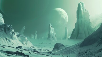 a otherworldly sci-fi landscape with futuristic structures and alien landscapes, No objects, white space in the center of the page for text