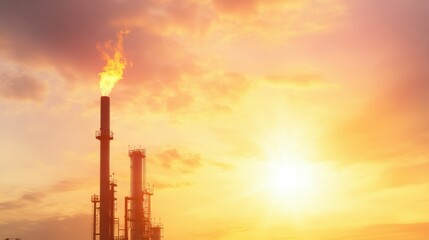 Industrial hydrogen fuel processing unit surrounded by sunrise industrial zone digital atmospheric perspective renewable energy concept