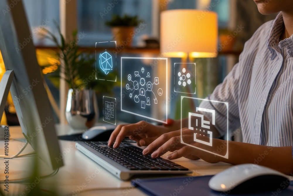 Poster person working on computer with digital interface overlay