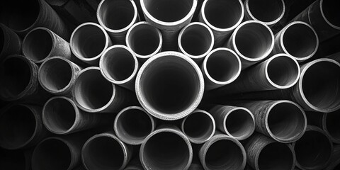 Cylindrical Concrete Pipes Stacked in a Warehouse, Showing Industrial Texture and Design.
