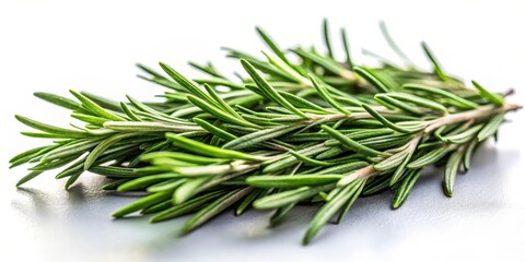 Fototapeta premium Freshly harvested rosemary leaves on a white background with soft, natural light illuminating the delicate foliage and showcasing its fragrance , leaf, close-up
