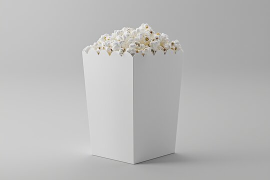 High-quality 3D popcorn box, sleek design, light grey setting.