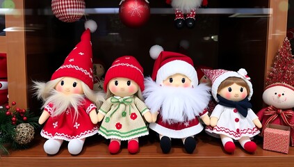 Four Christmas dolls and snowman on shelf.