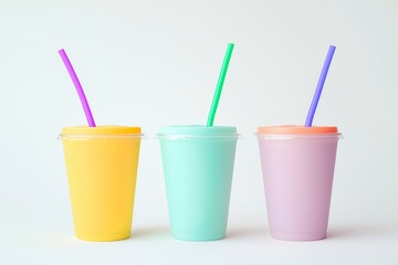 Boba tea trio in vibrant colors, minimalistic on a white background.