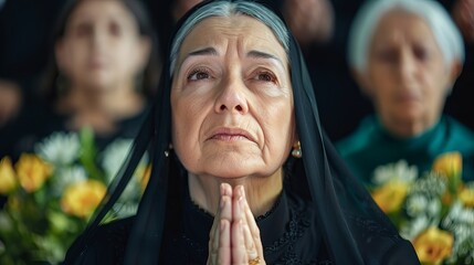 Fototapeta premium An elderly Hispanic woman in a black mourning veil prays solemnly, surrounded by flowers, evoking a deep sense of grief and reflection.