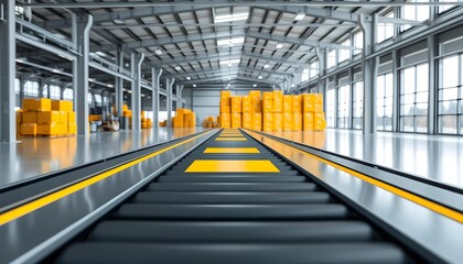 Fototapeta premium Yellow Markings on Conveyor Belt in a Modern Warehouse Setting
