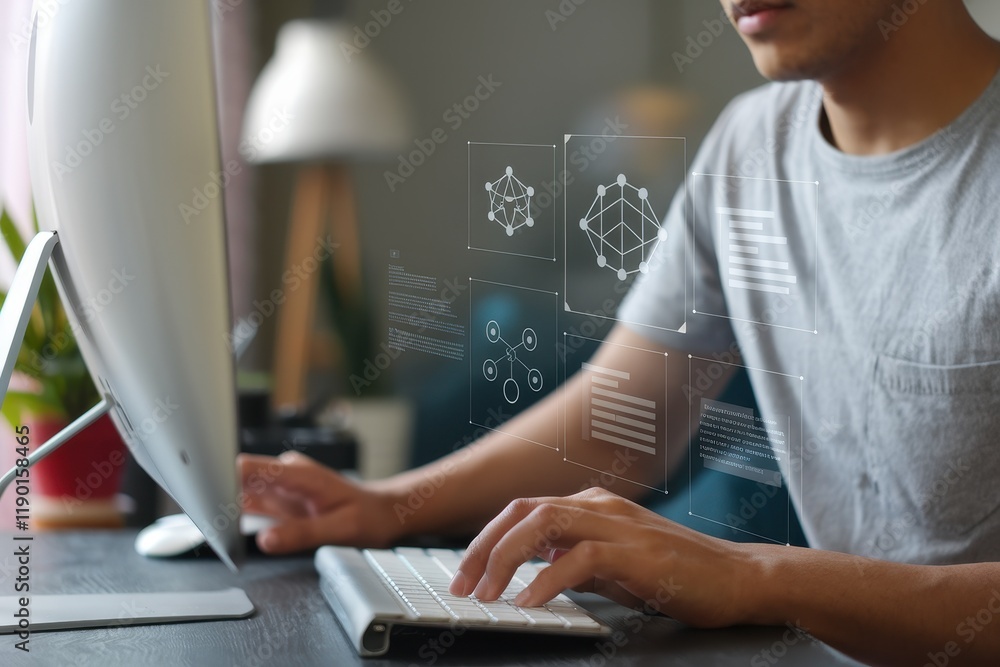 Poster person working on computer with network diagrams displayed