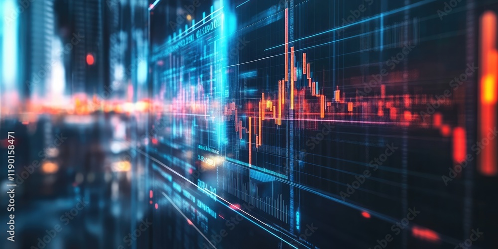 Poster digital financial data visualization with stock market graphs and bright neon lights in urban citysc