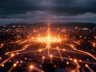 Fototapeta premium Spectacular ai-managed energy grids integration event futuristic city digital nightscape aerial view renewable technology