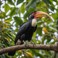 A hornbill feeding on jungle fruits, white background.