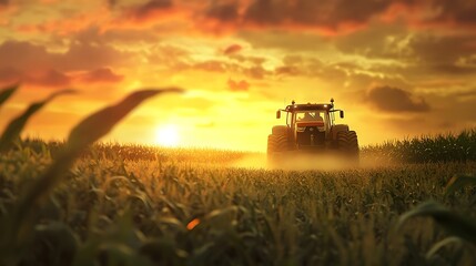 Naklejka premium Close-Up View of a Tractor Spraying Mechanism During Sunset in a Lush Green Field, Capturing Agricultural Practices for Crop Care and Maintenance