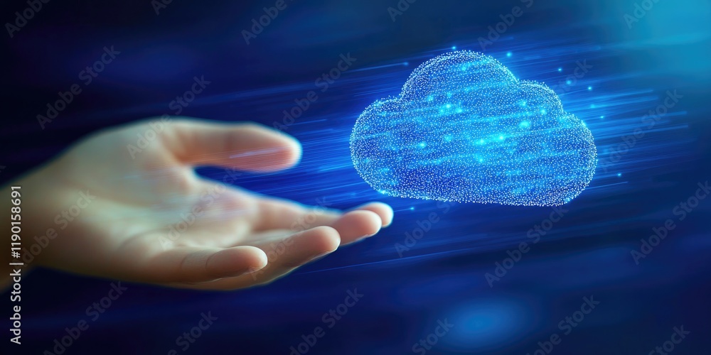 Poster Hand Reaching Towards Glowing Digital Cloud Representing Data Transfer and Connectivity in Technology Environment