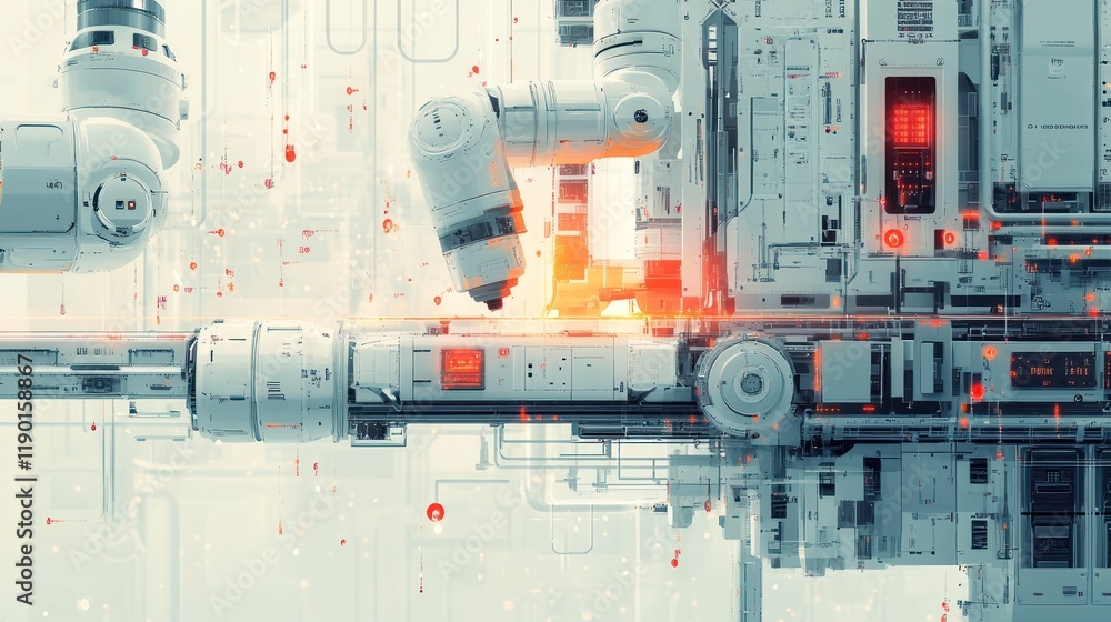 Poster futuristic robotic arm performing precision task on assembly line.
