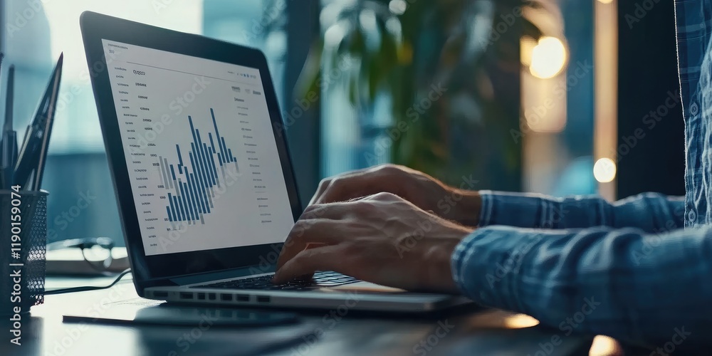 Aufkleber Business professional analyzing data on laptop with graphs and charts in modern office setting